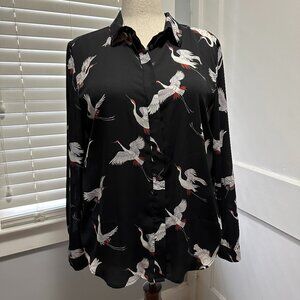 LOFT Button Down Blouse, Crane Print